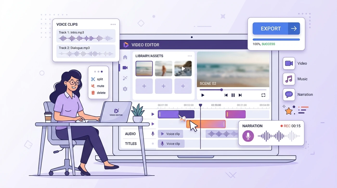 Vorec editor with timeline, effects panel, and captions