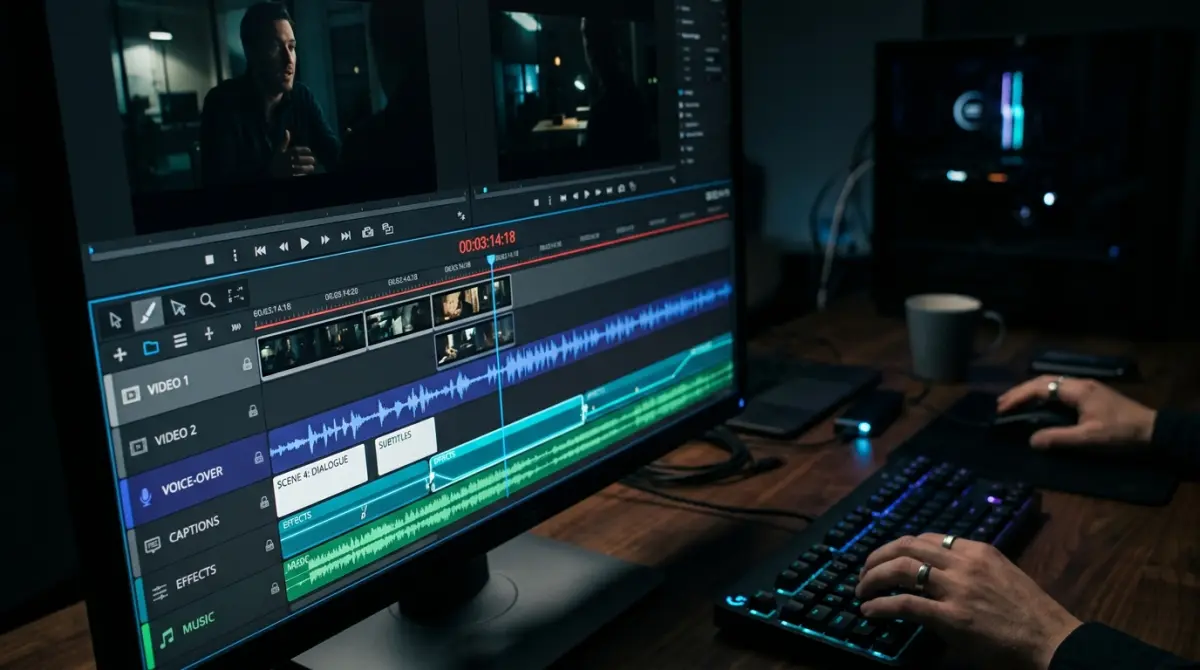 Vorec editor showing timeline with narration segments, captions, and visual effects