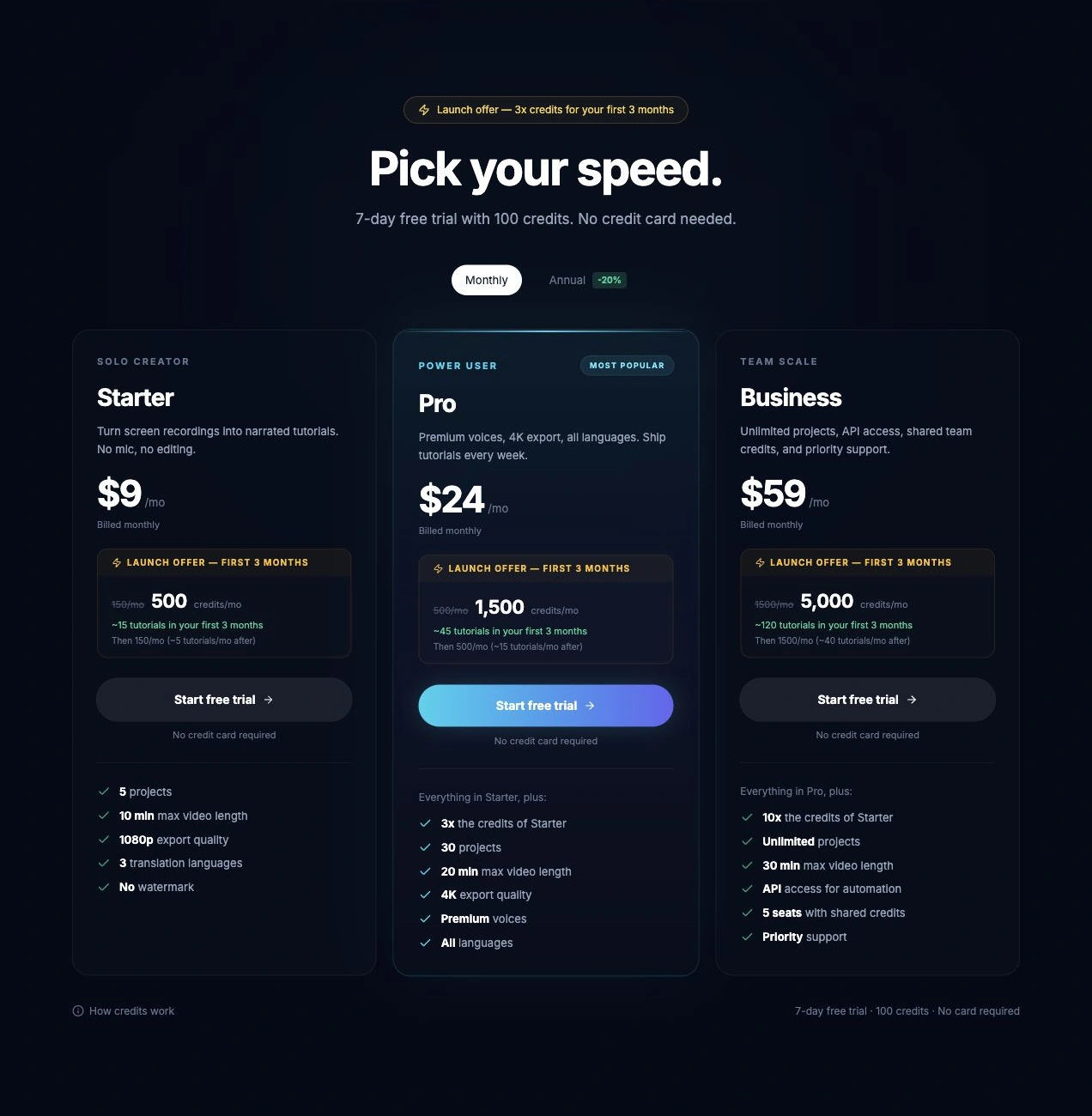 Vorec pricing cards for the Starter, Pro and Business plans