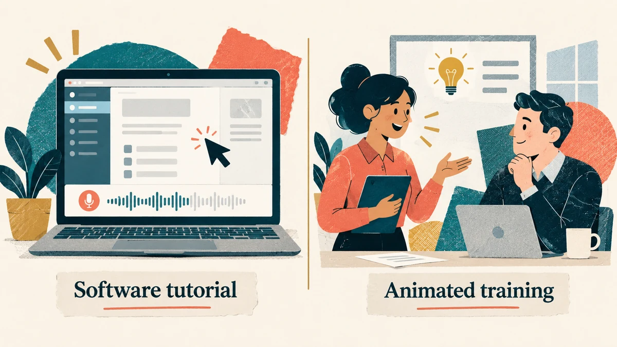 A real software screen recording beside an animated character scene, two kinds of training video