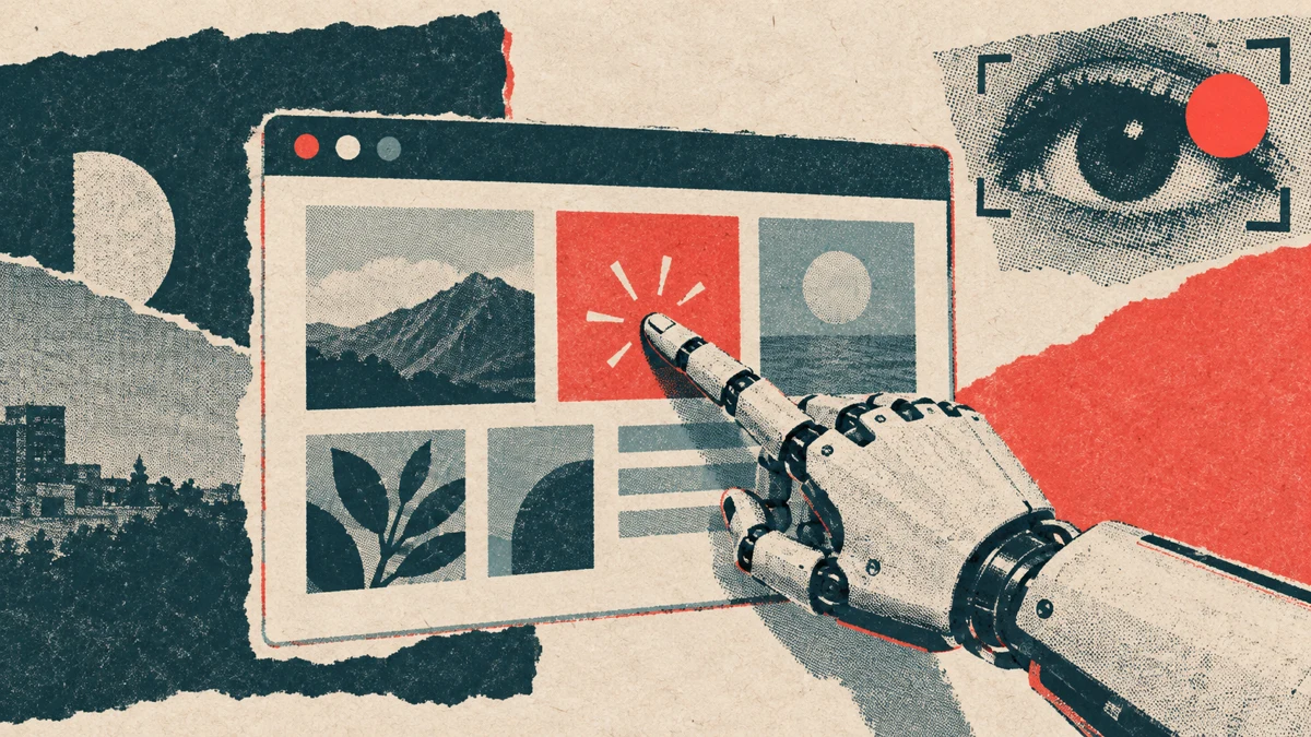 A risograph collage of a robot hand clicking a browser window while a recording dot watches