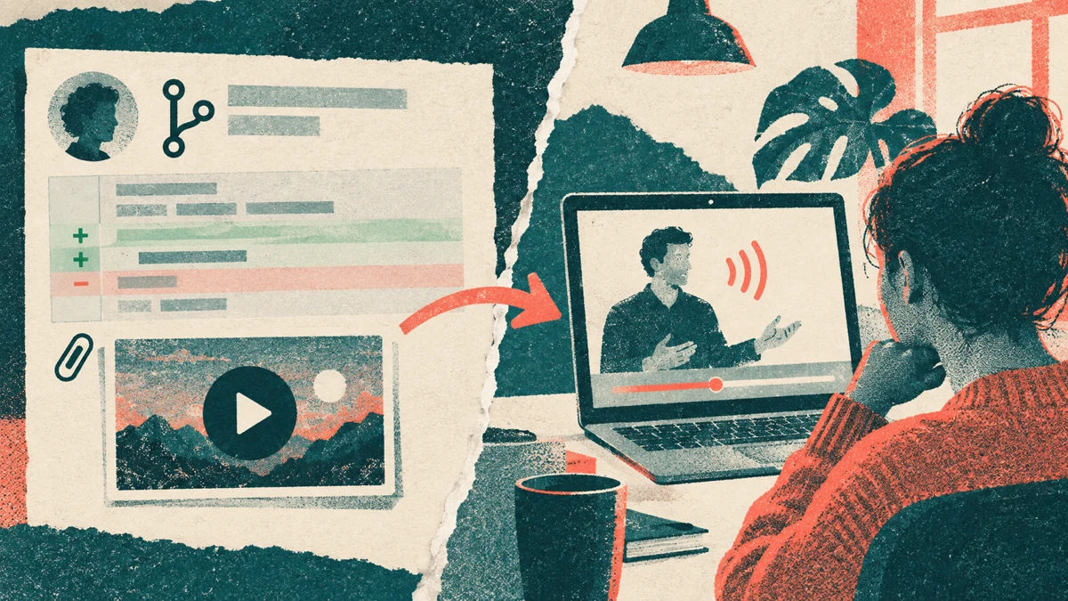 A risograph collage contrasting a pull request with a video attached and a narrated lesson playing for a person