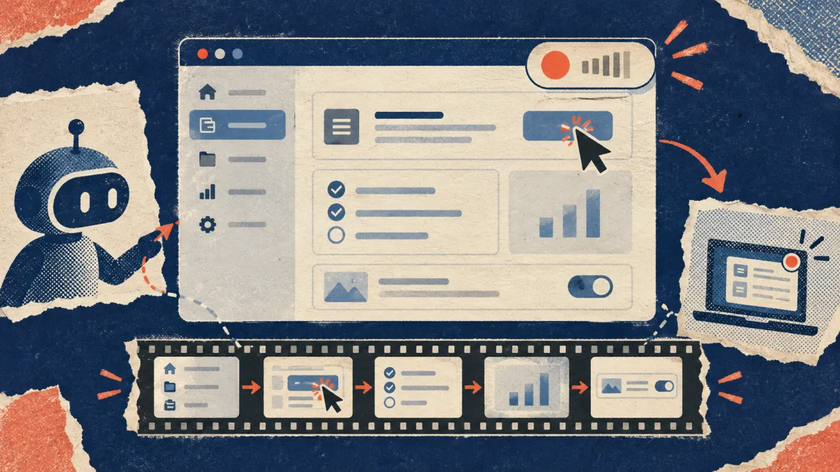 An AI agent cursor working through a product interface while a recording indicator runs