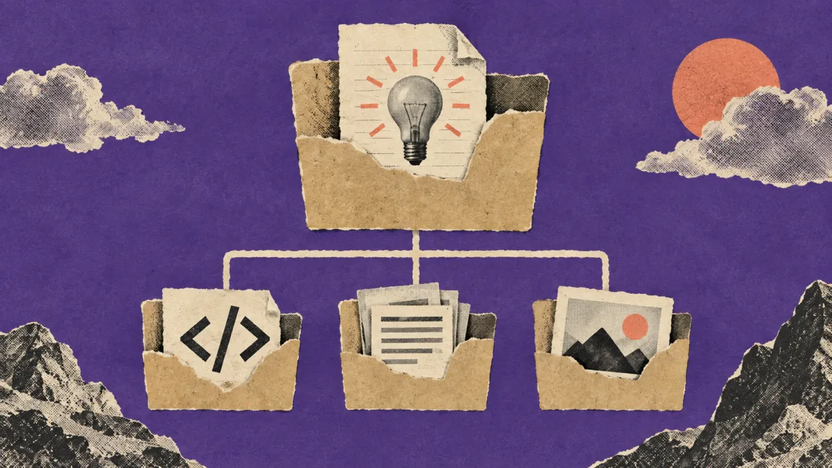 A skill folder with an instructions file above subfolders for scripts, reference documents and assets