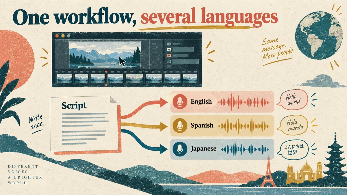 A narration script fanning out into several language tracks under one screen recording